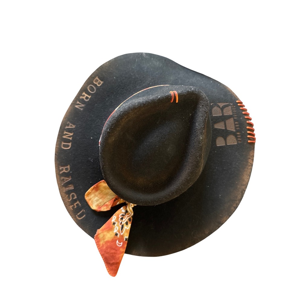 Patina Born and Raised Wool Felt Fedora Hat Black Distressed Western Bandana S